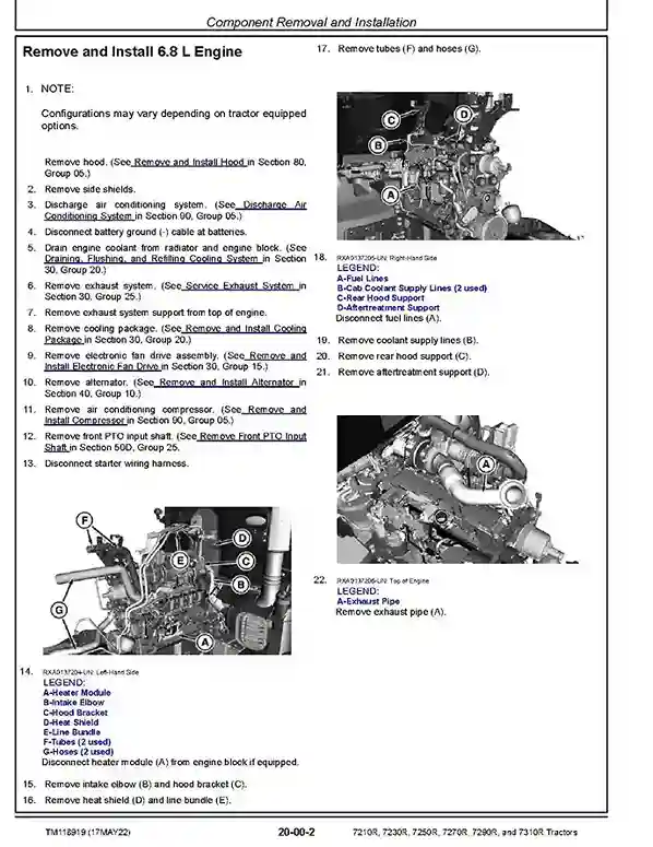 John Deere 7210R 7230R 7250R 7270R 7290R 7310R Tractors Repair Manual TM118919