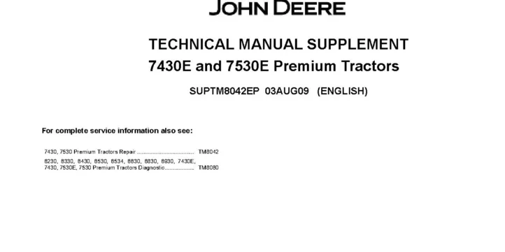 John Deere 7430E 7530E Premium Tractors Supplement for Repair Manual SUPTM8042EP