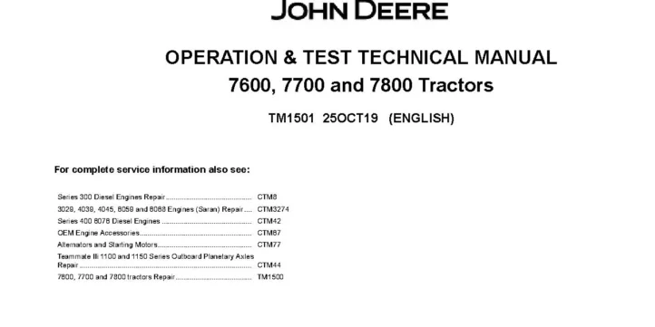 John Deere 7600 John Deere 7600 7700 7800 Tractors Operation and Test Manual TM1501