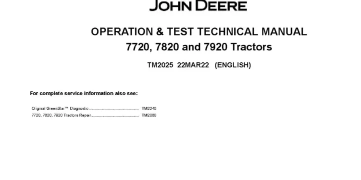John Deere 7720 7820 7920 Tractors Operation and Test Manual TM2025