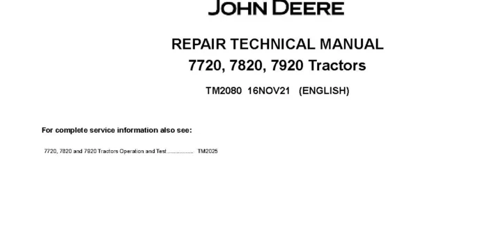 John Deere 7720 7820 7920 Tractors Repair Manual TM2080