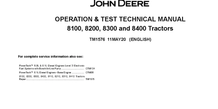 John Deere 8100 8200 8300 8400 Tractors Operation and Test Manual TM1576