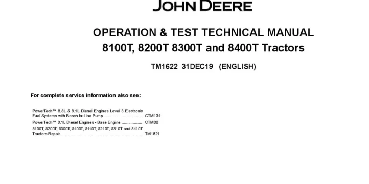 John Deere 8100T 8200T 8300T 8400T Tractors Operation and Test Manual TM1622