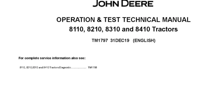 John Deere 8110 8210 8310 8410 Tractors Operation and Test Manual TM1797