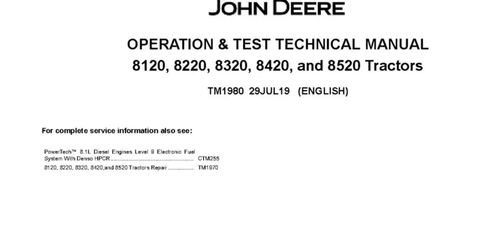 John Deere 8120-8520 John Deere 8120 8220 8320 8420 8520 Tractors Operation and Test Manual TM1980