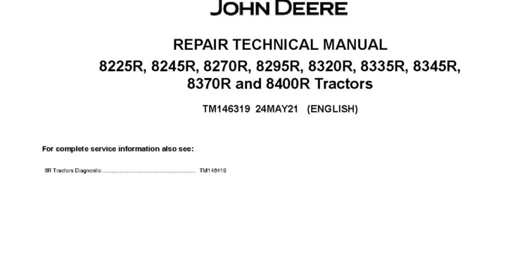 John Deere 8225R 8245R 8270R 8295R 8320R 8335R 8345R 8370R 8400R Tractors Repair Manual TM146319