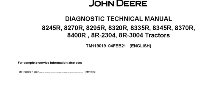 John Deere 8245R 8270R 8295R 8320R 8335R 8345R 8370R 8400R 8R 2304 8R 3004 Tractors Diagnostic Manual TM119019