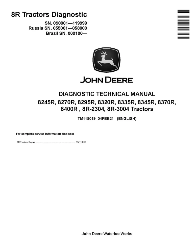 John Deere 8245R 8270R 8295R 8320R 8335R 8345R 8370R 8400R 8R 2304 8R 3004 Tractors Diagnostic Manual TM119019