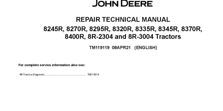 John Deere 8245R 8270R 8295R 8320R 8335R 8345R 8370R 8400R 8R 2304 8R 3004 Tractors Repair Manual TM119119