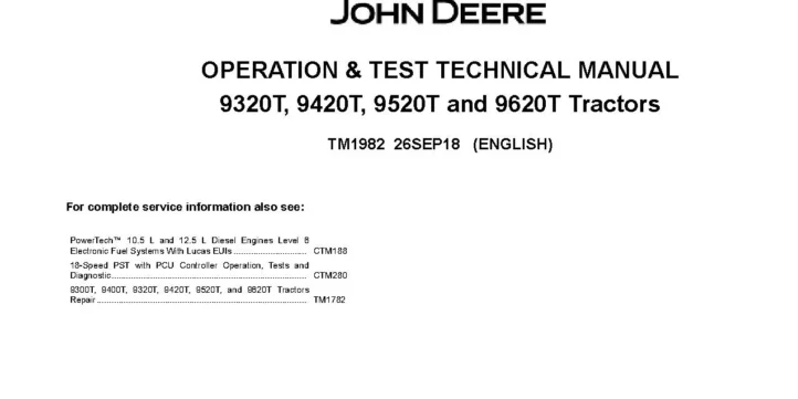 John Deere 9320T 9420T 9520T 9620T Tractors Operation and Test Manual TM1982