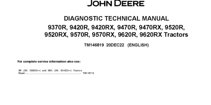 John Deere 9370R 9420R 9470R 9520R 9570R 9620R 9420RX 9470RX 9520RX 9570RX 9620RX Articulated Tractors Diagnostic Manual TM146819