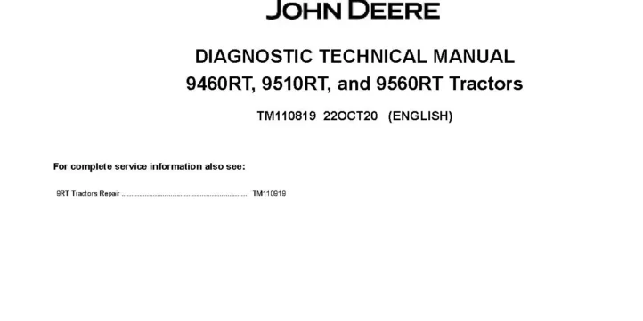 John Deere 9460RT 9510RT 9560RT Tracked Tractors Diagnostic Manual TM110819