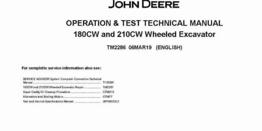 John Deere 180CW and 210CW Wheeled Excavators Operation and Test Manual TM2286