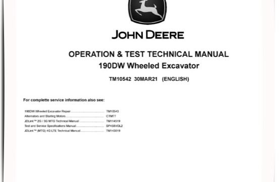 John Deere 190DW Wheeled Excavators Operation and Test Manual TM10542