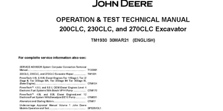 John Deere 200C LC, 230C LC and 270C LC Crawler Excavators Operation and Test Manual TM1930