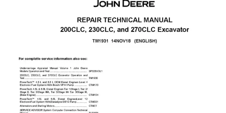 John Deere 200C LC, 230C LC and 270C LC Crawler Excavators Repair Manual TM1931 John Deere 200C LC, 230C LC and 270C LC Crawler Excavators Repair Manual TM1931