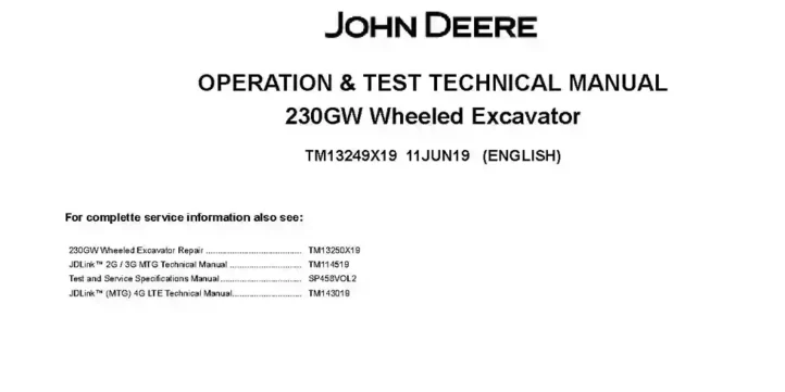John Deere 230GW Wheeled Excavators Operation and Test Manual TM13249X19