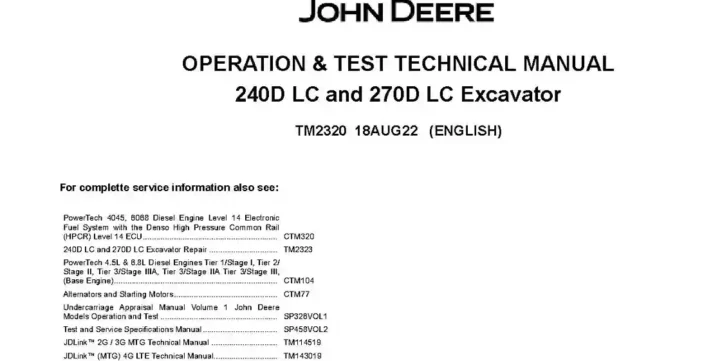 John Deere 240D LC and 270D LC Crawler Excavators Operation and Test Manual TM2320