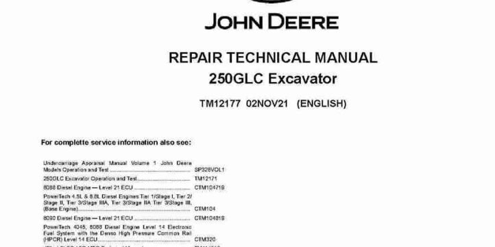 John Deere 250GLC Crawler Excavators Repair Manual TM12177