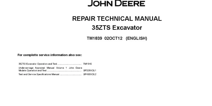 John Deere 35ZTS Compact Excavators (Metric) Repair Manual TM1839
