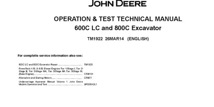 John Deere 600C LC and 800C Crawler Excavators Operation and Test Manual TM1922 John Deere 600C LC and 800C Crawler Excavators Operation and Test Manual TM1922