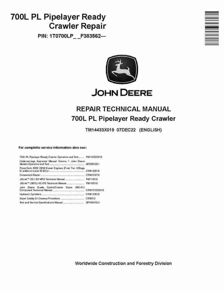 Volvo Excavators John Deere 700L PL Pipelayer Ready Crawler Repair Manual TM14433X019