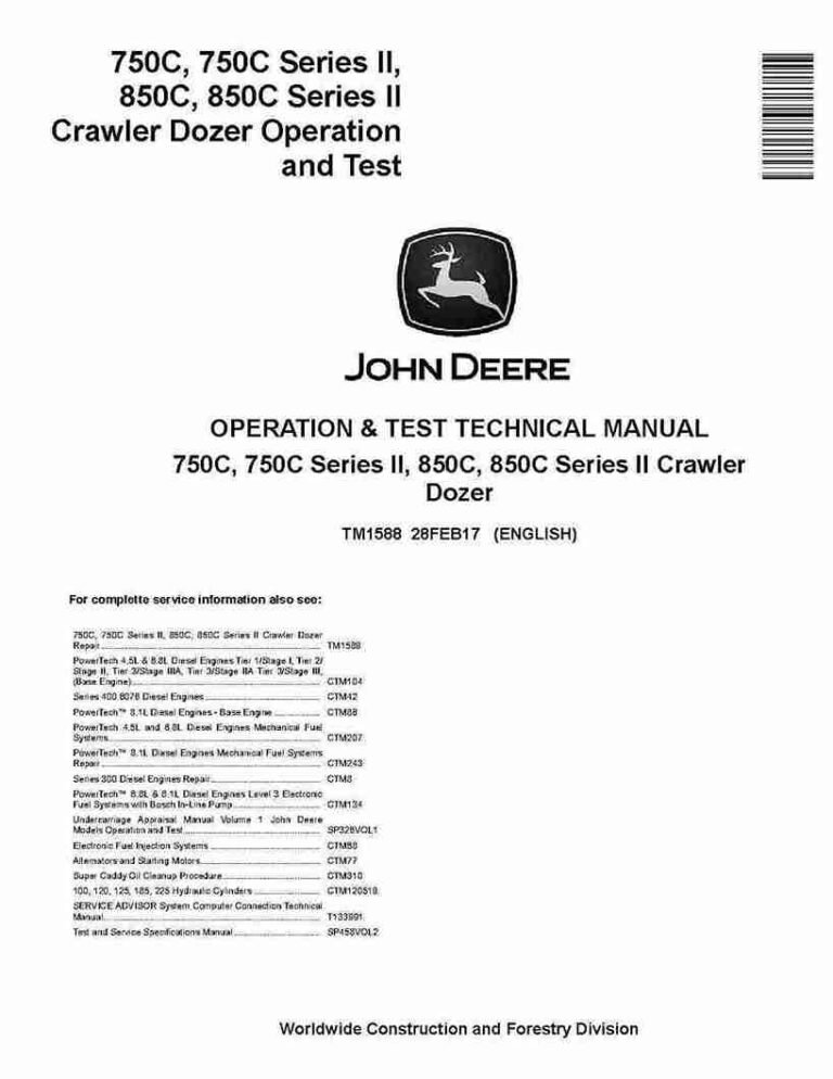 Volvo Excavators John Deere 750C, 850C Series II Crawler Dozers Operation and Test Manual TM1588
