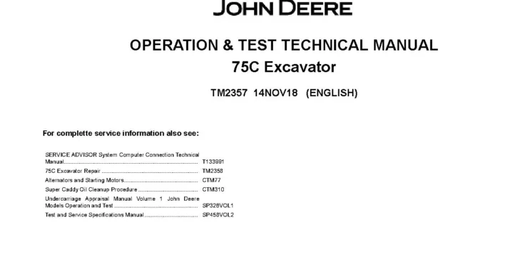 John Deere 75C Crawler Excavators Operation and Test Manual TM2357