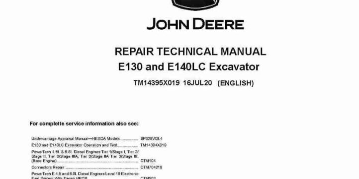 John Deere E130 and E140LC Crawler Excavators Repair Manual TM14395X019